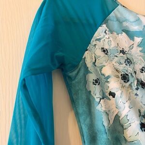 Teal Floral Mesh Sleeve Top